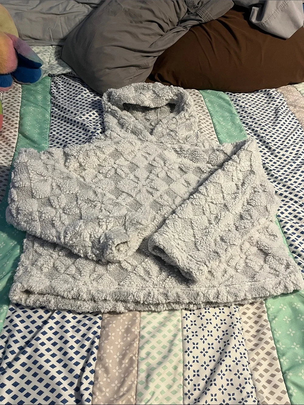 Cozy Fluffy Light Gray ladies’ Plush Hoodie pajamas set